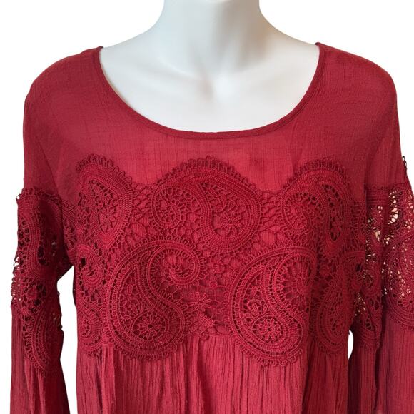 Rust Red Emroidered Womens Boho Blouse Small Gauze Lace Bell Sleeve Fairy Grunge - Picture 2 of 16